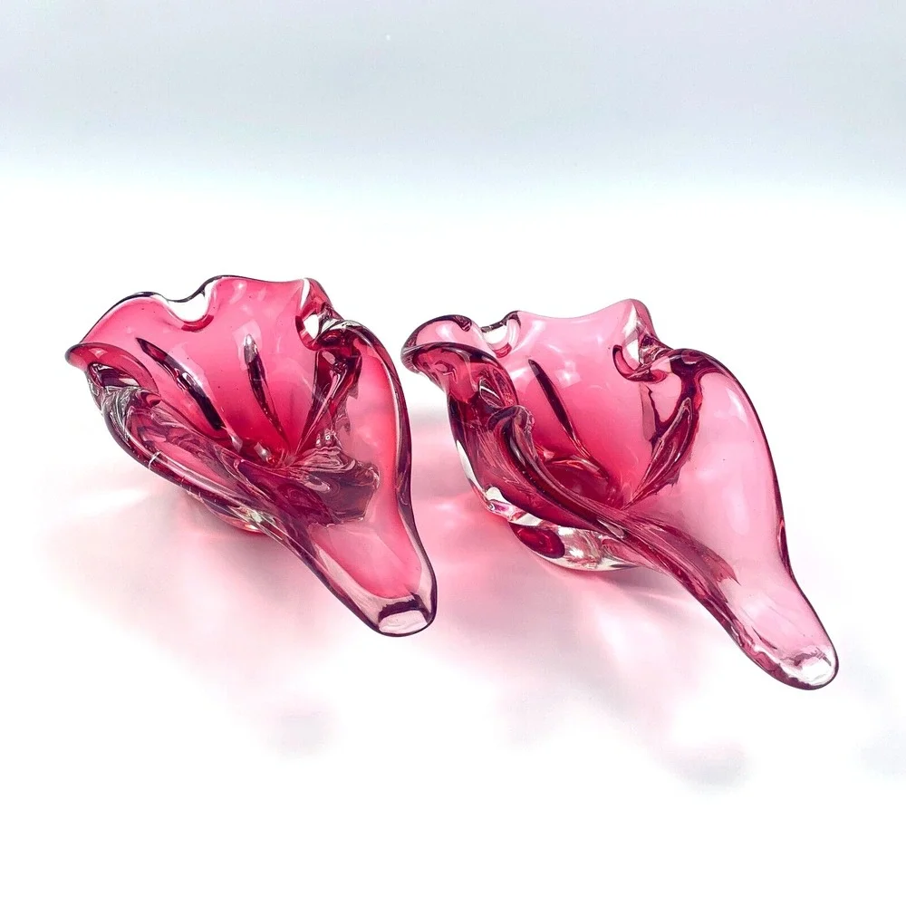MCM Hand Blown Glass Ashtray Bowl Pair of 2 Harrachov/Czech Cranberry Pink 1950s - Picture 2 of 12
